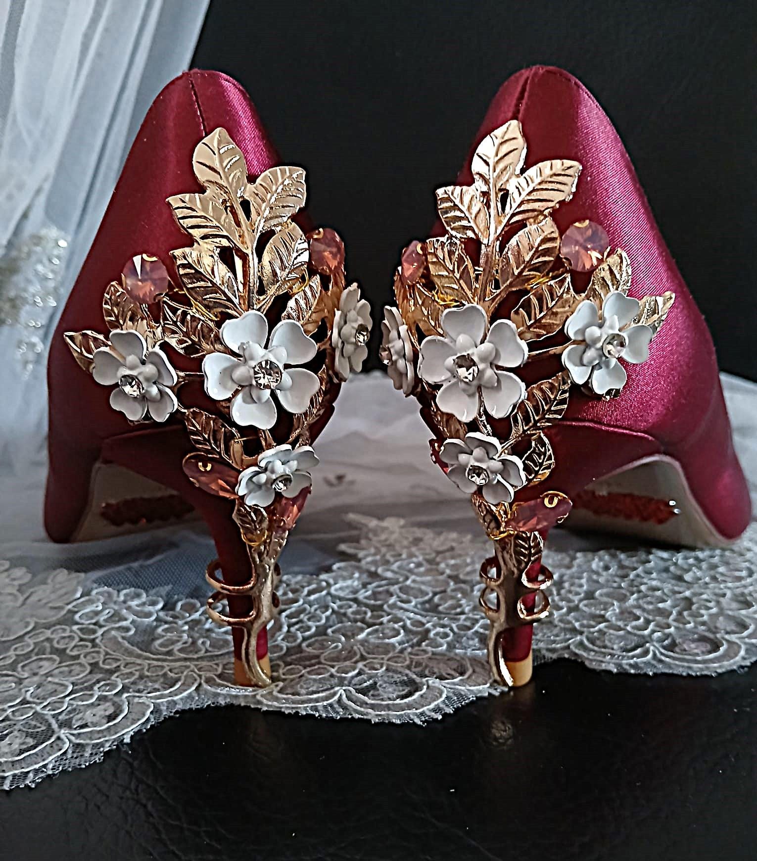 Burgundy Satin Wedding Heels with Cherry Blossom & Gold Clutch Bag