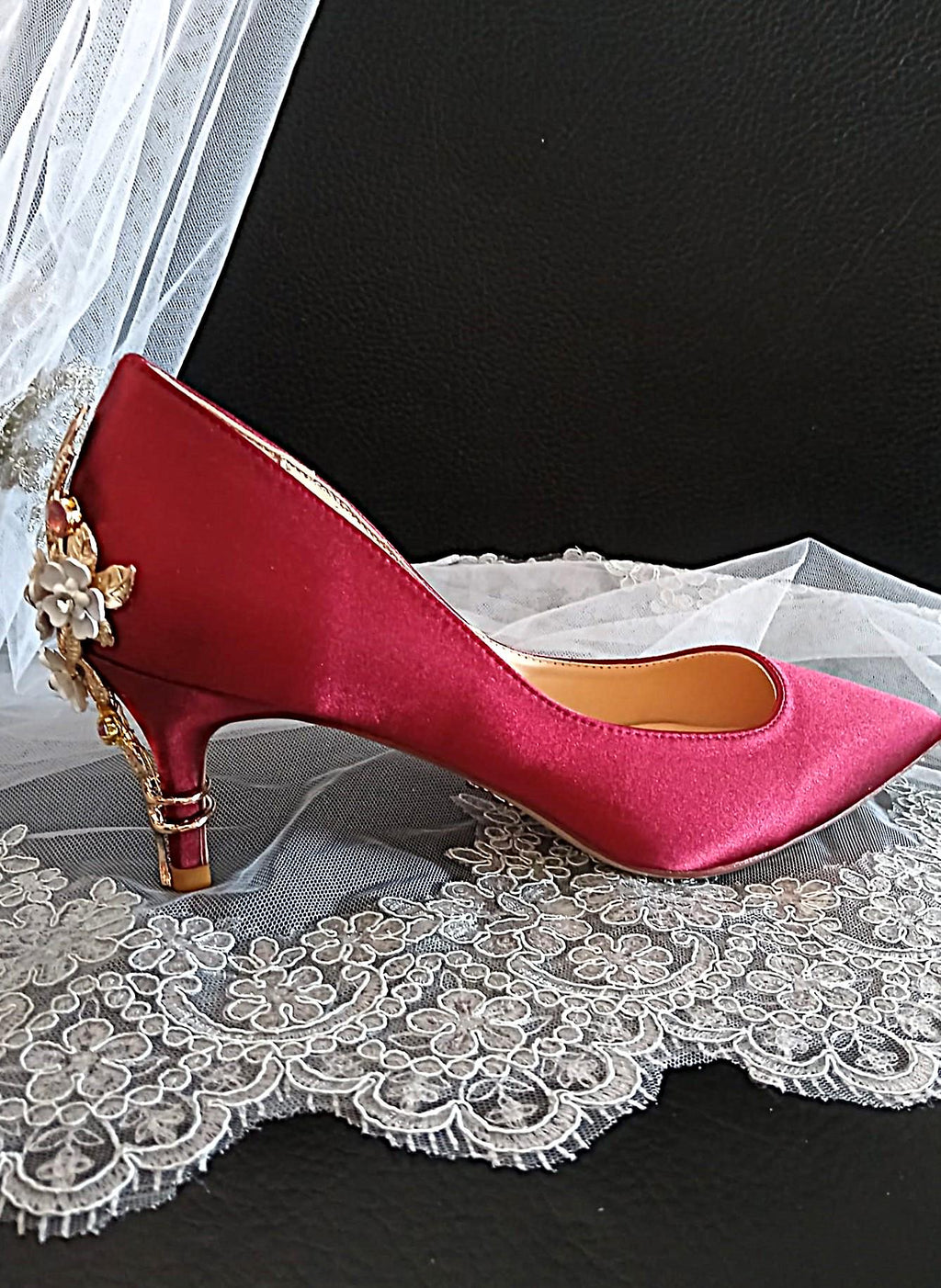 Burgundy Satin Wedding Heels with Cherry Blossom & Gold Clutch Bag