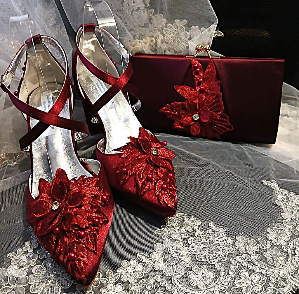 Wine Red Satin Shoes with Floral Clutch Bag: Burgundy Block Heel Sandals