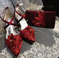 Wine Red Satin Shoes with Floral Clutch Bag: Burgundy Block Heel Sandals