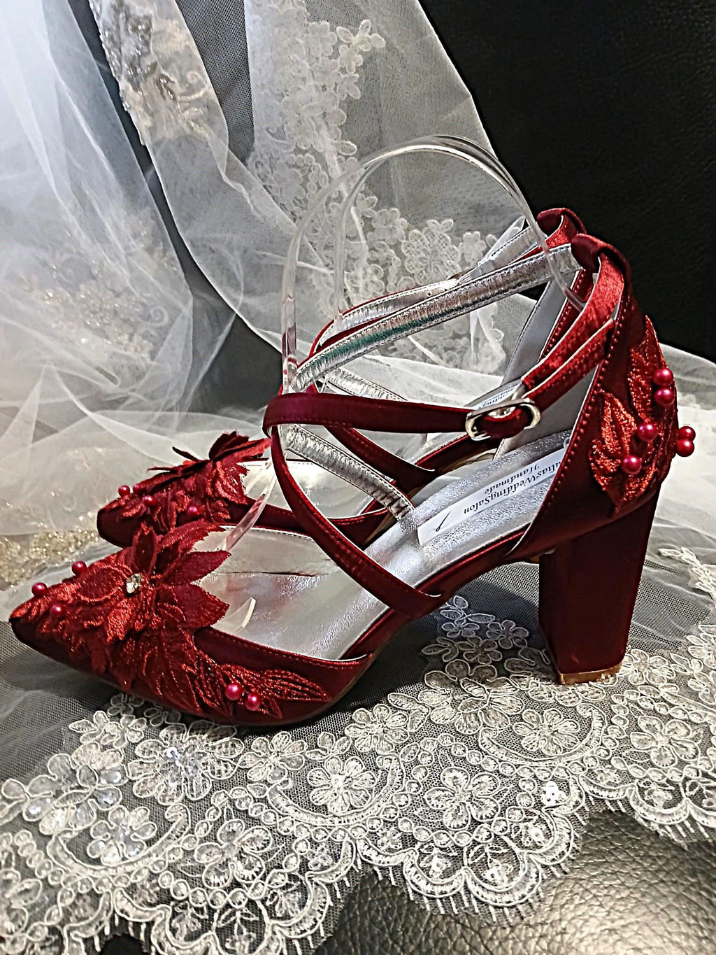 Burgundy Satin Shoe, Clutch & Hat Set: Wine Red Floral Block Heel