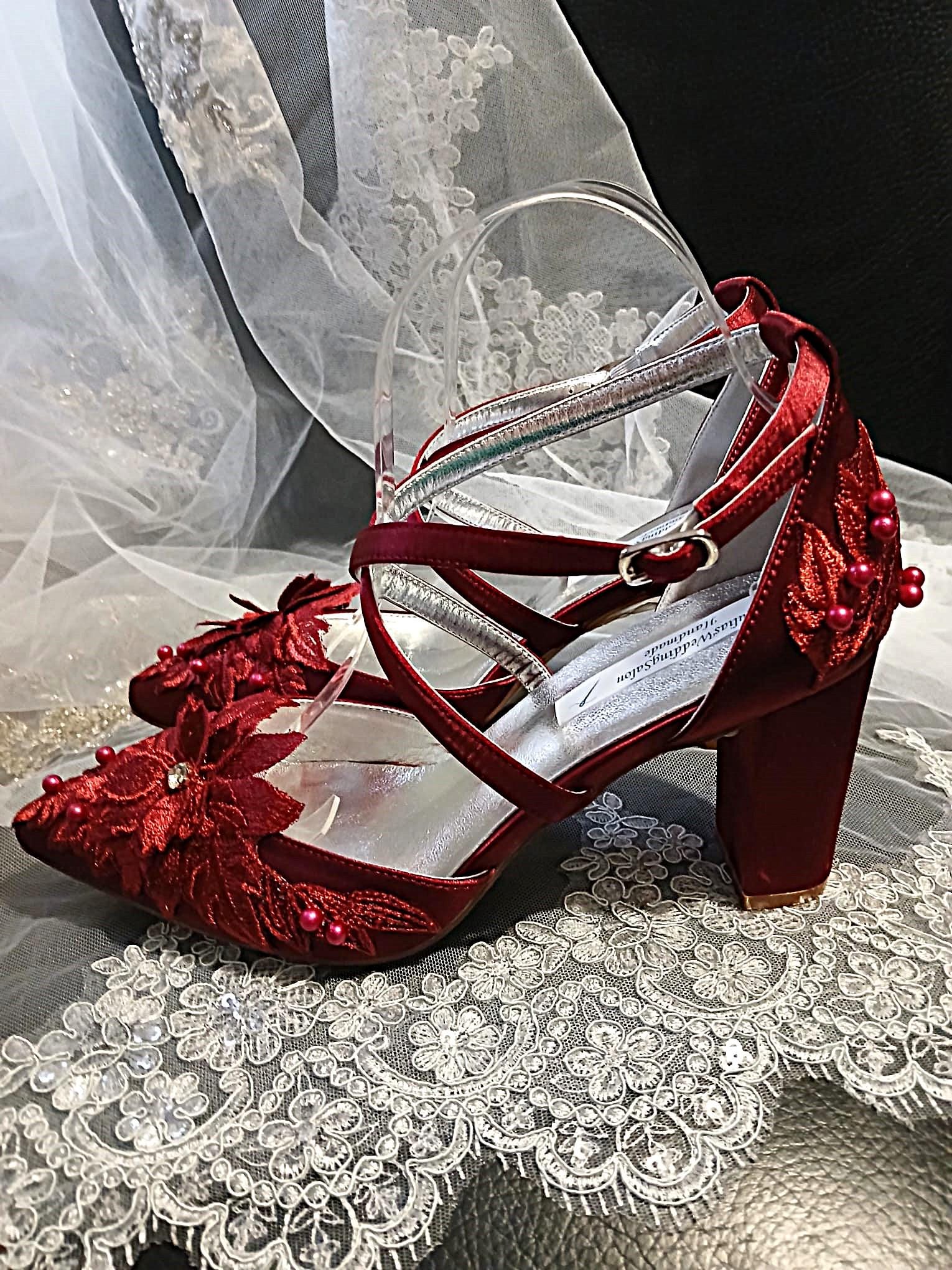 Burgundy Satin Shoe, Clutch & Hat Set: Wine Red Floral Block Heel