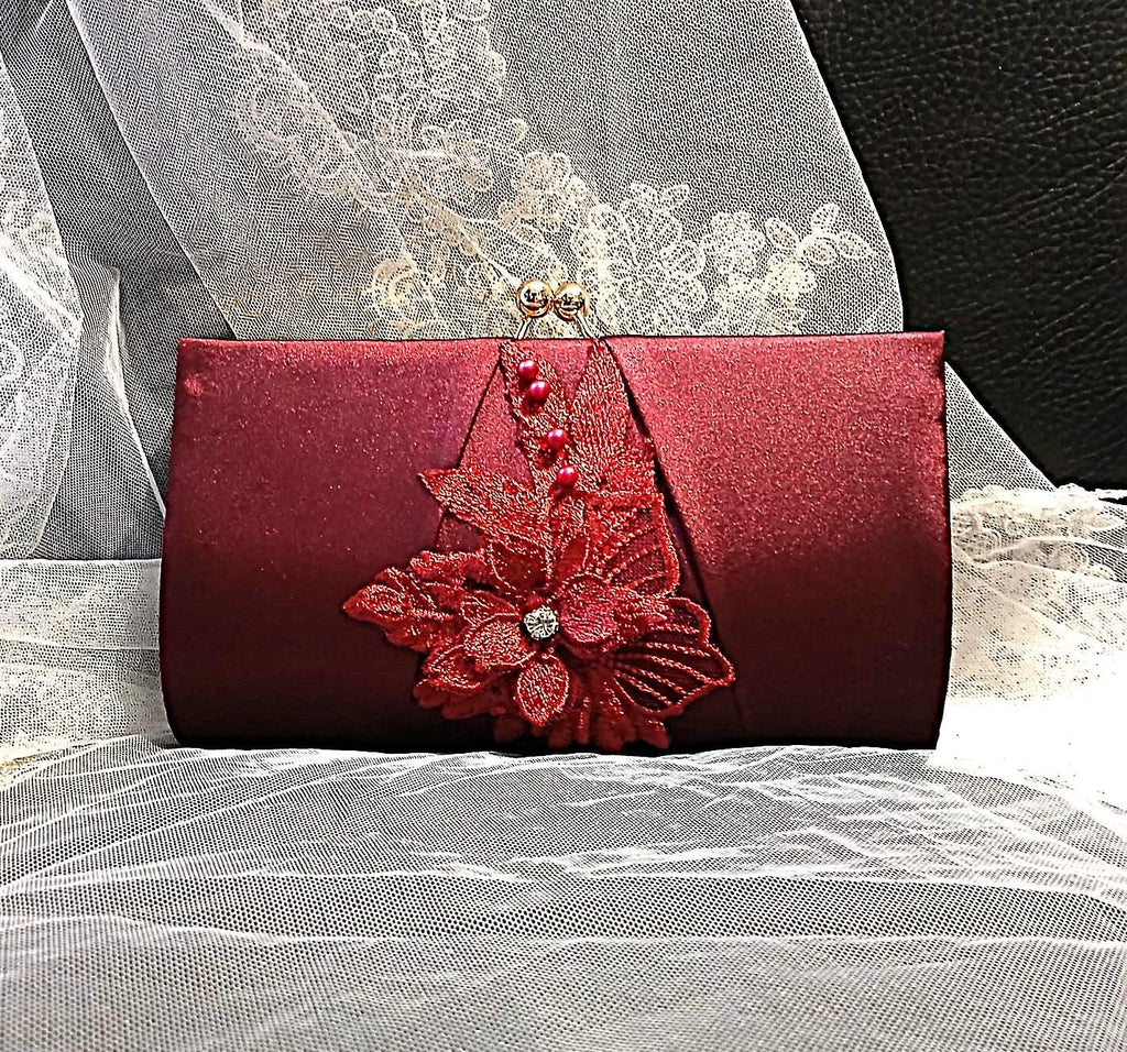 Wine Red Satin Evening Clutch: Floral Wedding Handbag