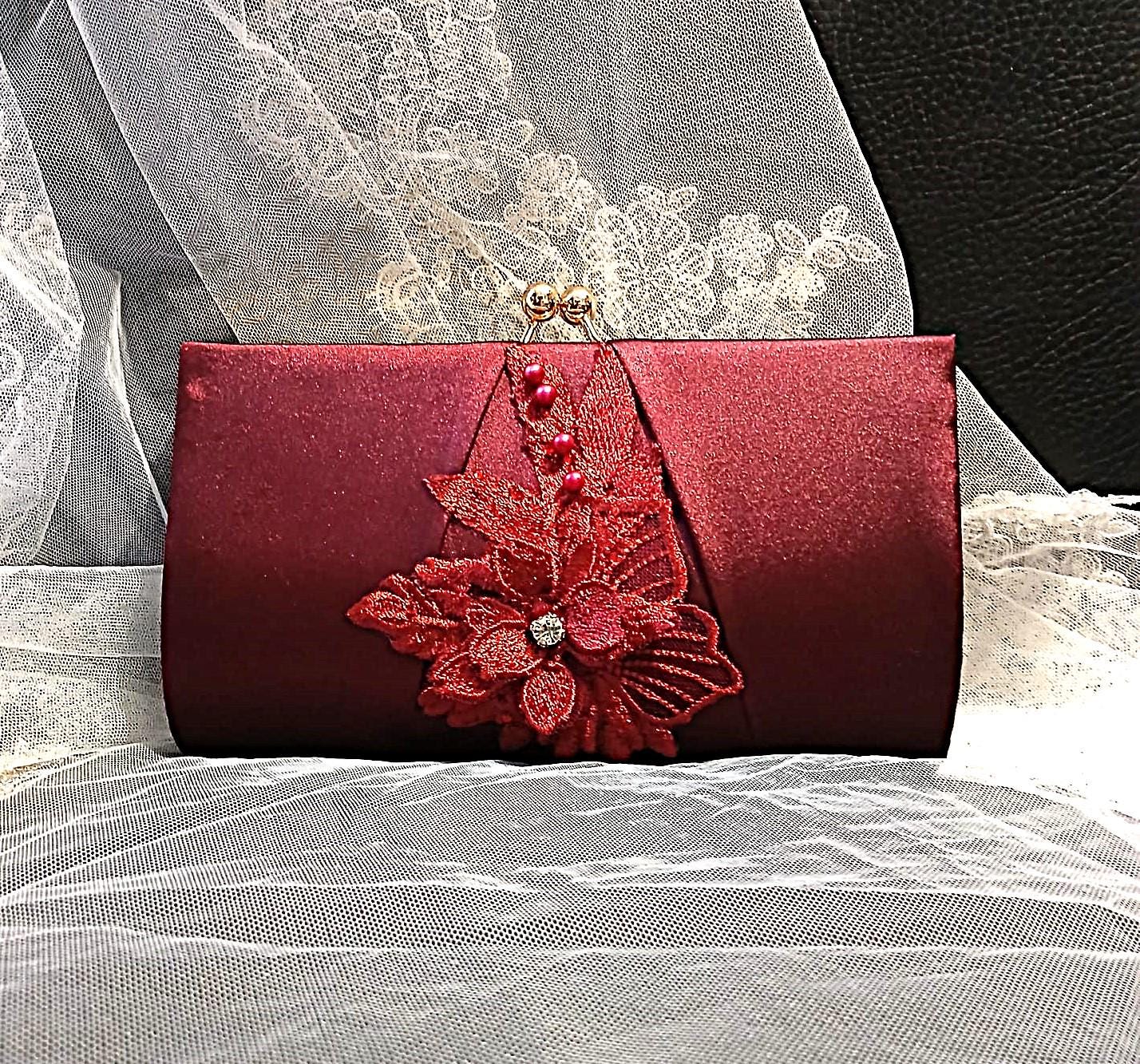 Wine Red Satin Evening Clutch: Floral Wedding Handbag