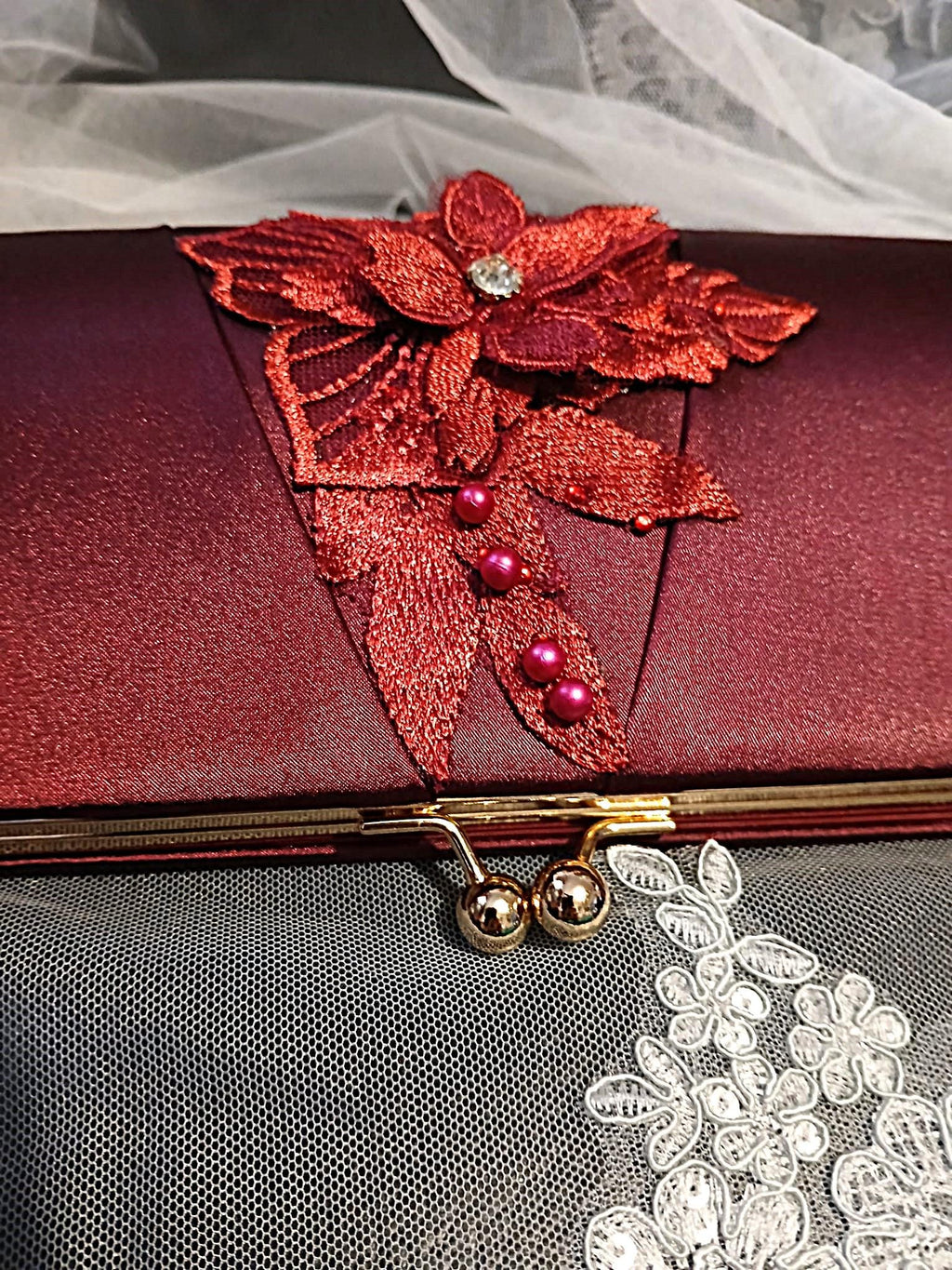 Wine Red Satin Evening Clutch: Floral Wedding Handbag