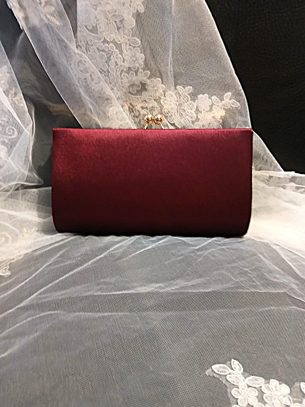 Wine Red Satin Evening Clutch: Floral Wedding Handbag