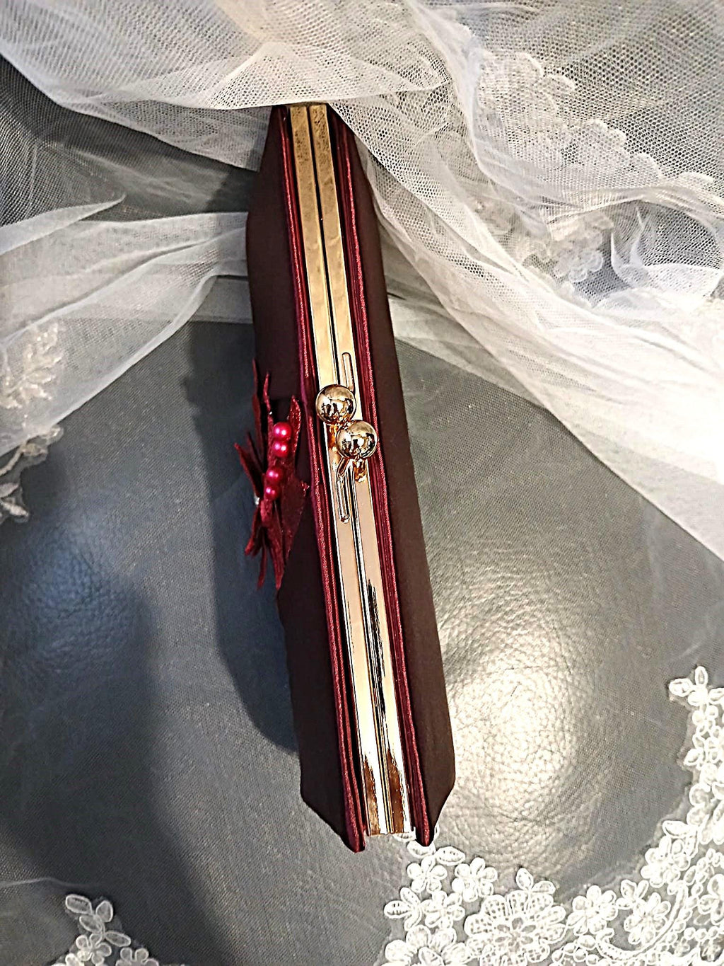 Wine Red Satin Evening Clutch: Floral Wedding Handbag