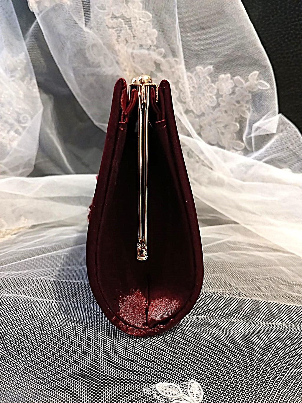 Wine Red Satin Evening Clutch: Floral Wedding Handbag