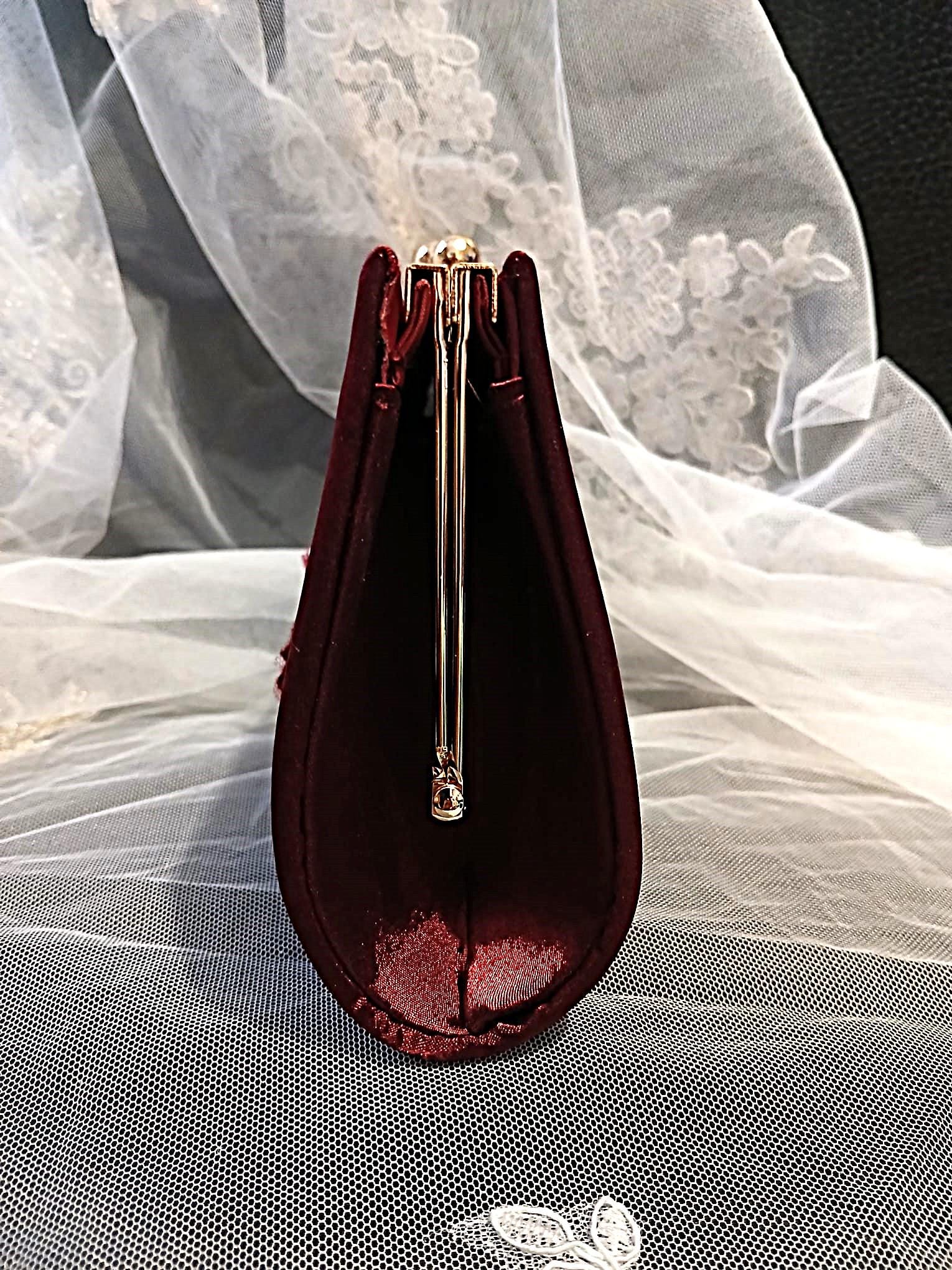 Wine Red Satin Evening Clutch: Floral Wedding Handbag