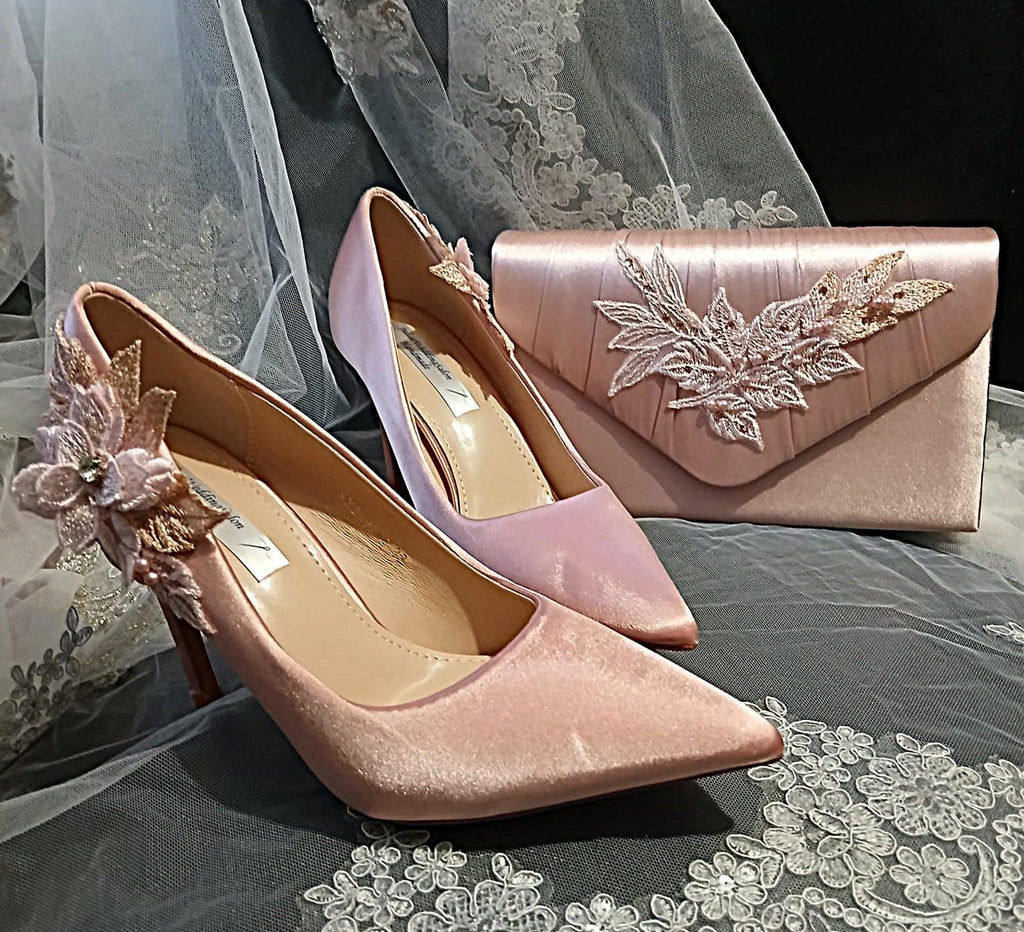 Blush Pink Satin High Heel Shoes with Floral Clutch Bag Set
