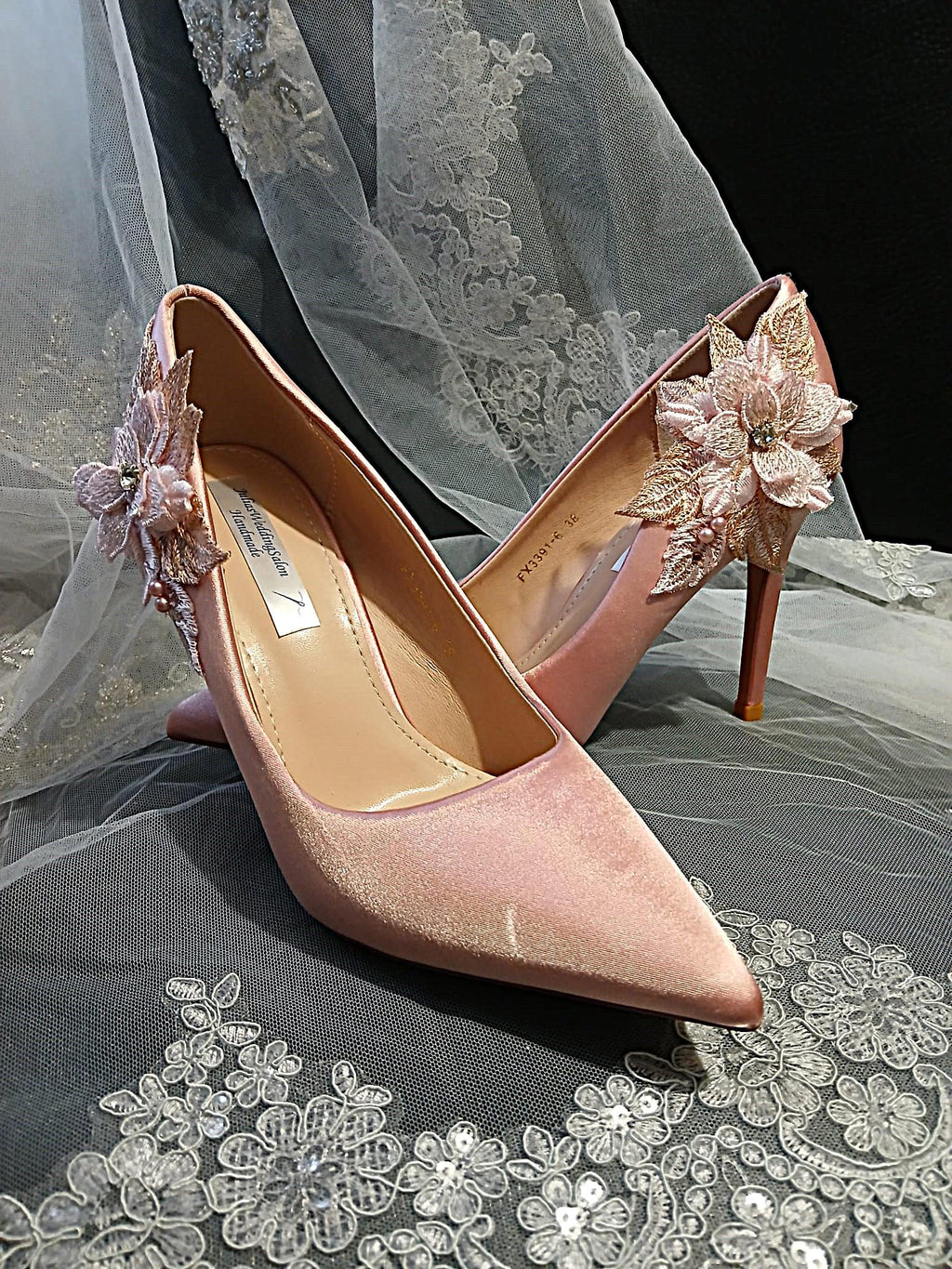 Blush Pink Satin High Heel Shoes with Floral Clutch Bag Set