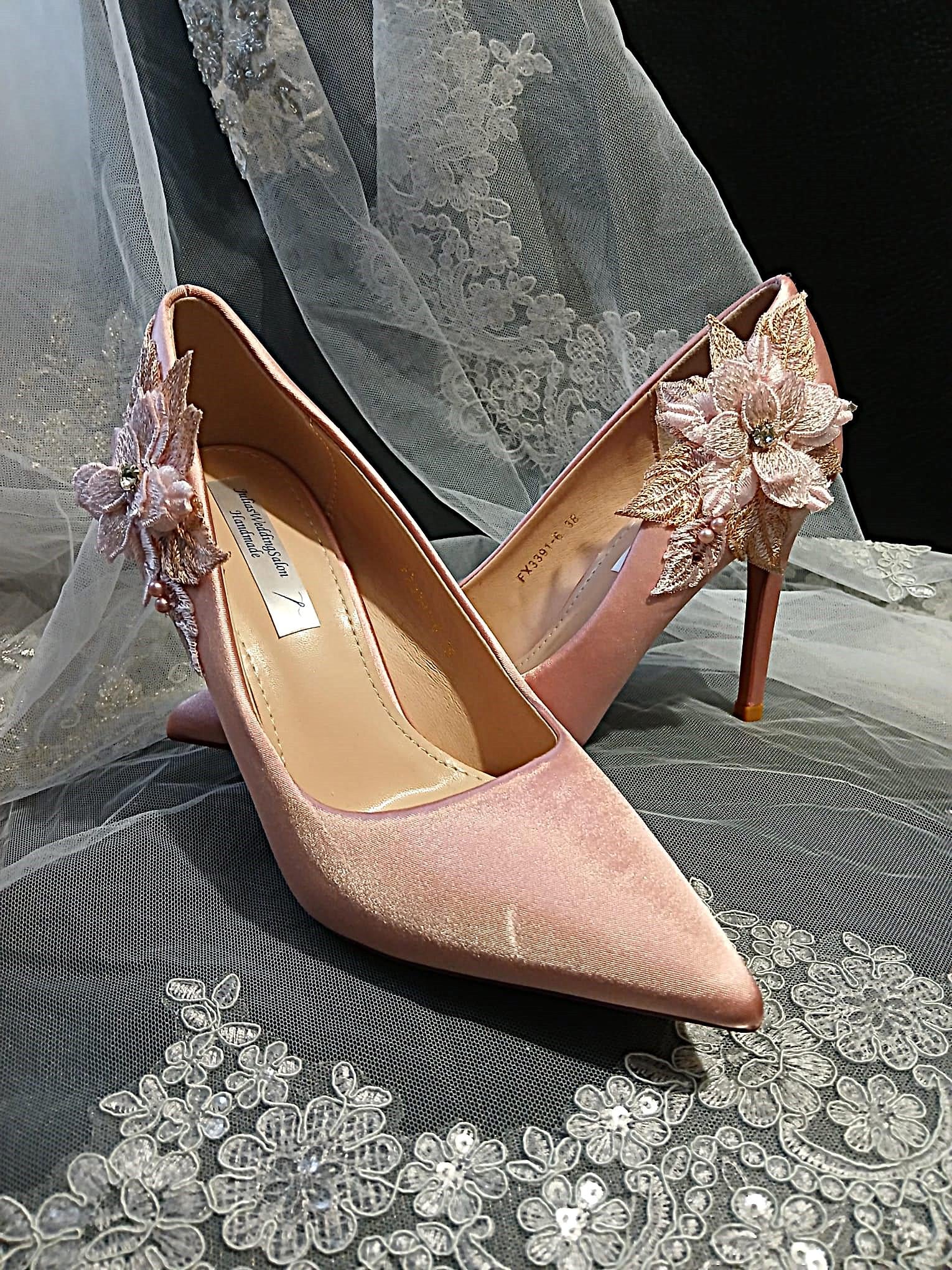 Blush Pink Satin High Heel Shoes with Floral Clutch Bag Set