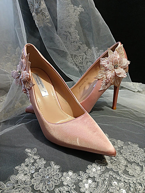 Blush Pink Satin High Heel Shoes with Floral Clutch Bag Set