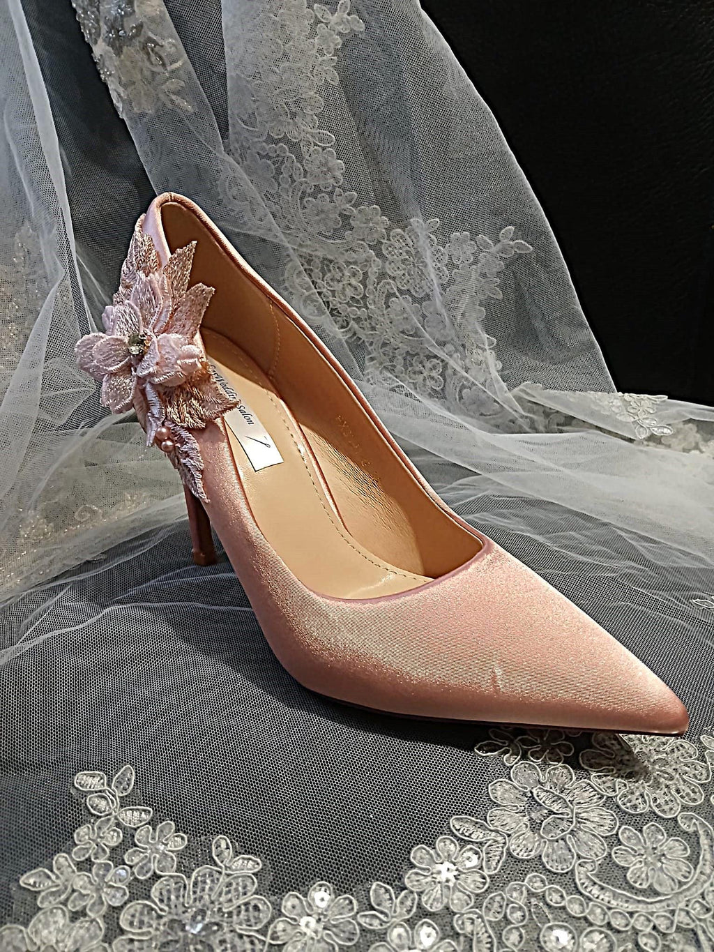Blush Pink Satin High Heel Shoes with Floral Clutch Bag Set
