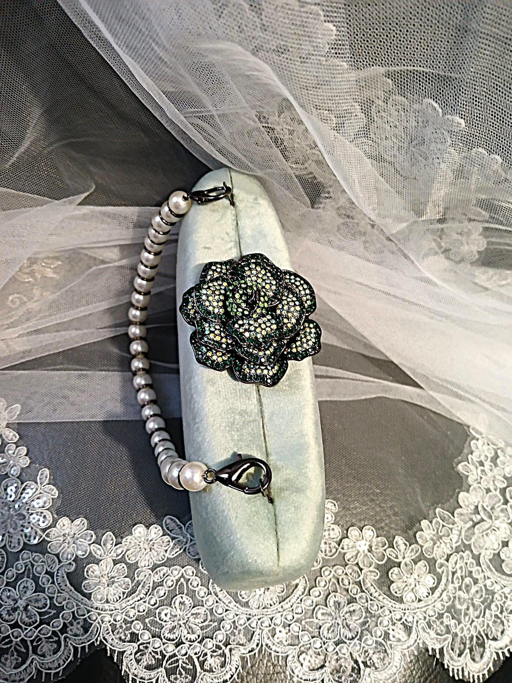 Lime Cream Velvet Clutch: Pearl Handle Wedding Handbag