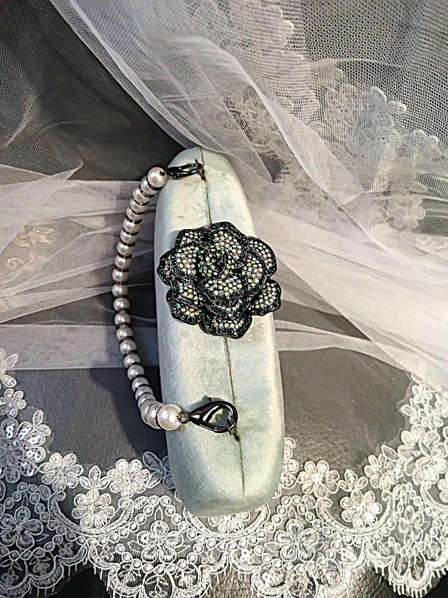 Lime Cream Velvet Clutch: Pearl Handle Wedding Handbag