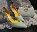 Sage Green Suede Bridal Shoes with Matching Clutch: Wedding Heel Set