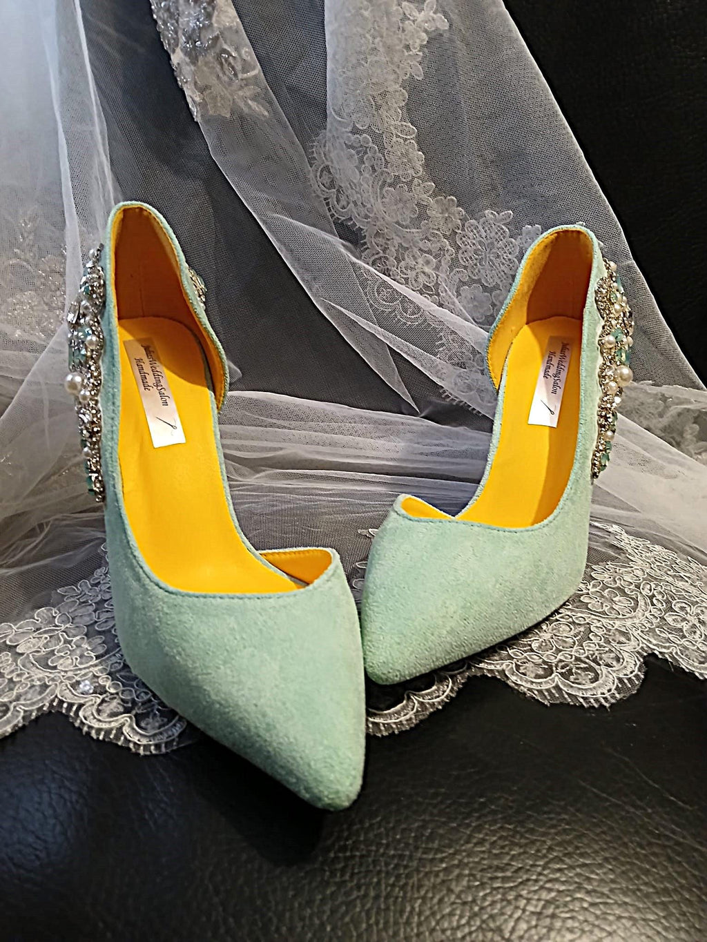 Sage Green Suede Bridal Shoes with Matching Clutch: Wedding Heel Set