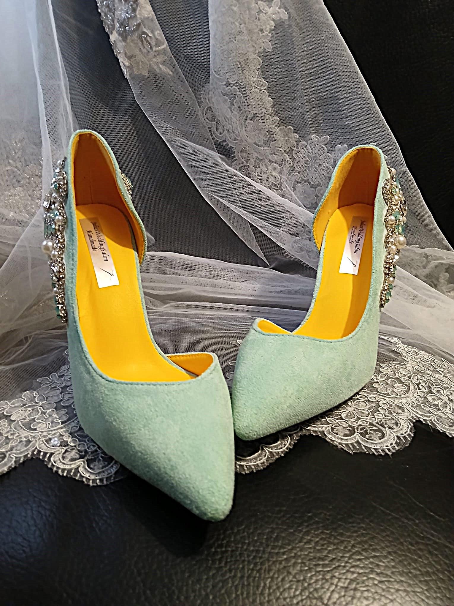 Sage Green Suede Bridal Shoes with Matching Clutch: Wedding Heel Set