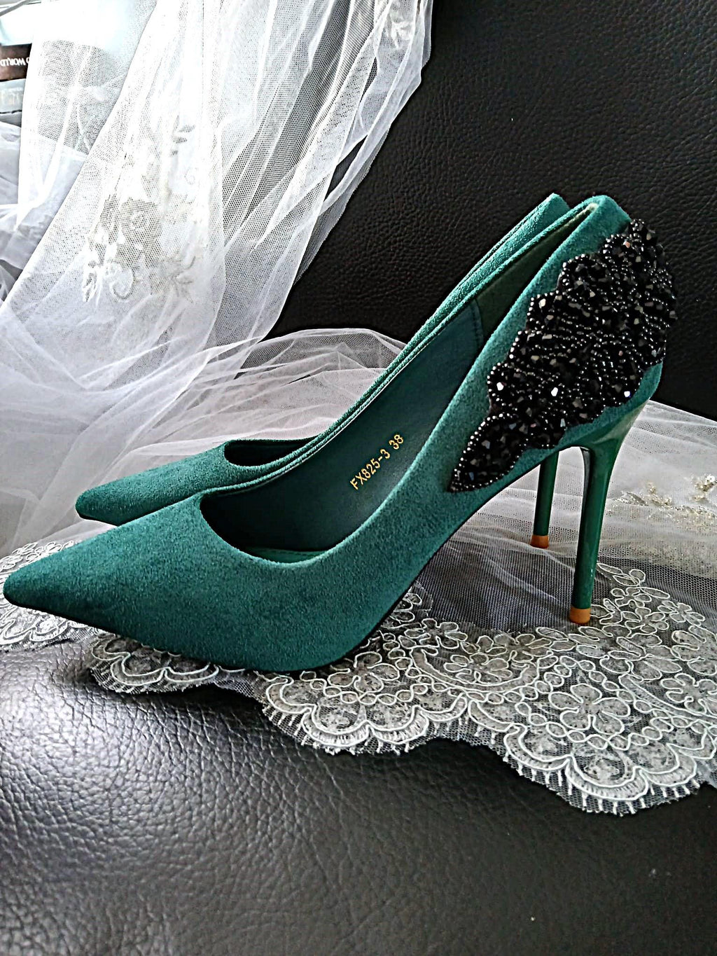 Emerald Green Suede Heels with Black Clutch Bag: Wedding Evening Shoes