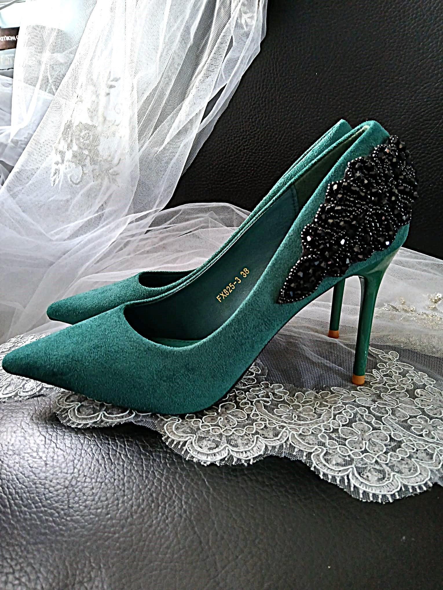 Emerald Green Suede Heels with Black Clutch Bag: Wedding Evening Shoes