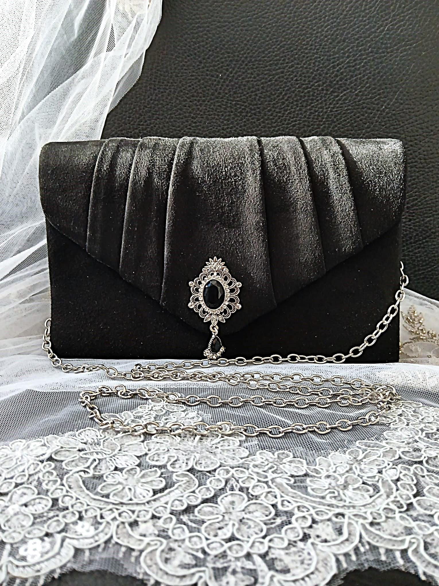 Black Suede Evening Clutch: Gothic Wedding Handbag
