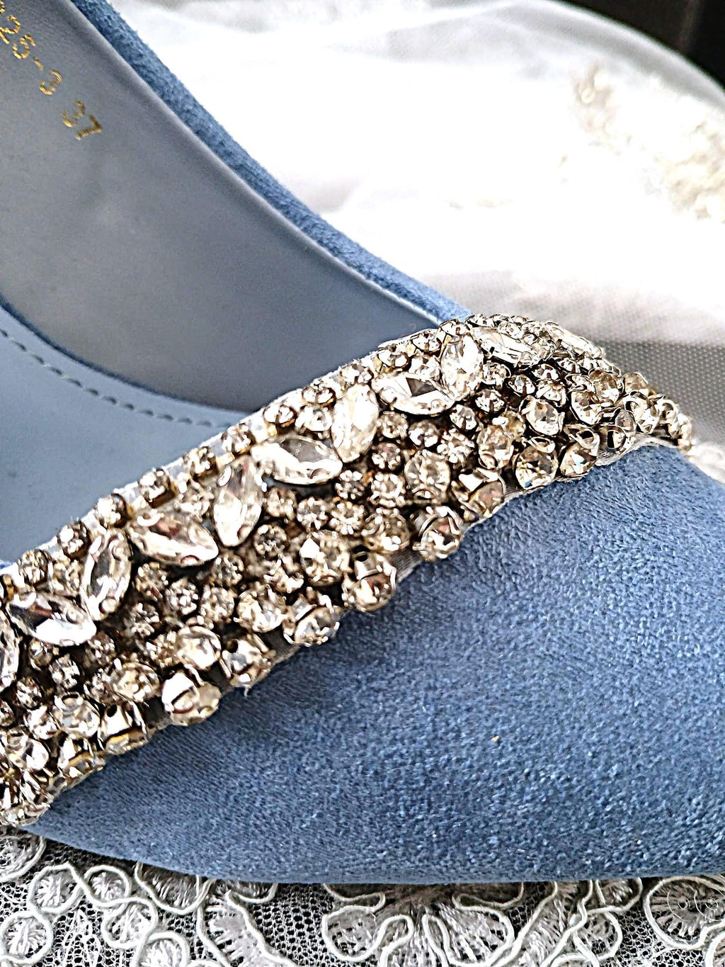 Light Blue Suede Pumps with Black Satin Clutch: Embellished Heel Evening Shoes