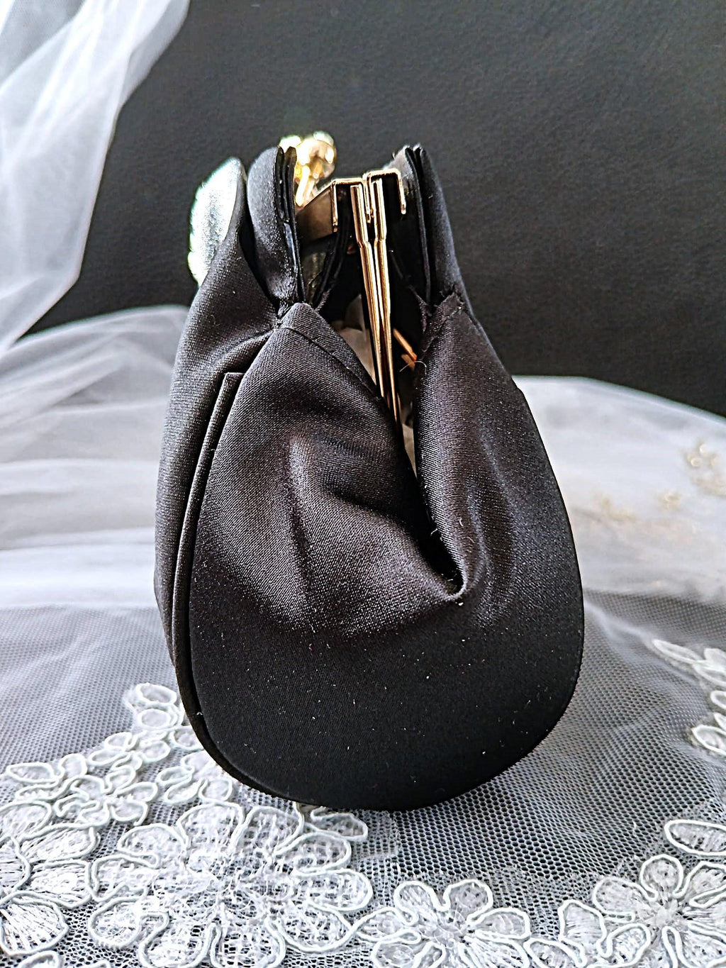 Black Satin Evening Clutch: Crystal Detail, Chain Handle