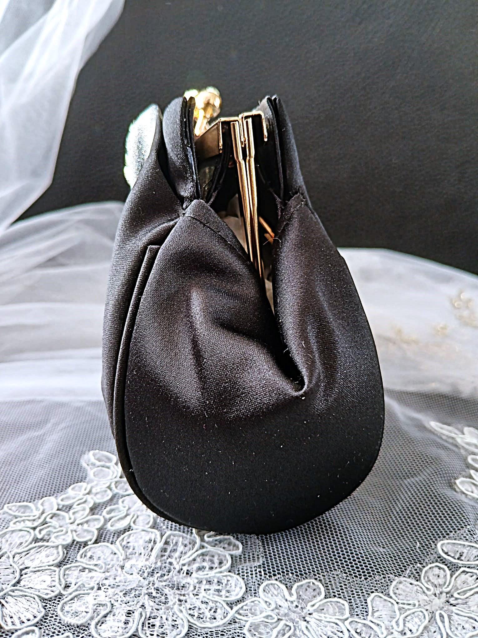 Black Satin Evening Clutch: Crystal Detail, Chain Handle