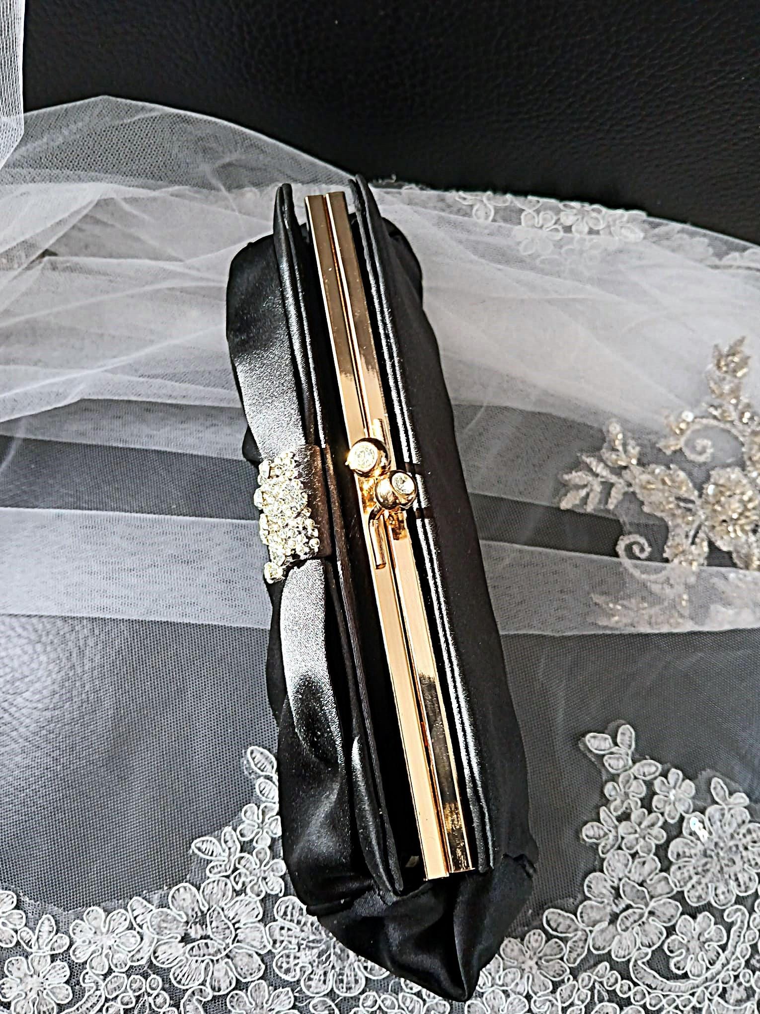 Black Satin Evening Clutch: Crystal Detail, Chain Handle