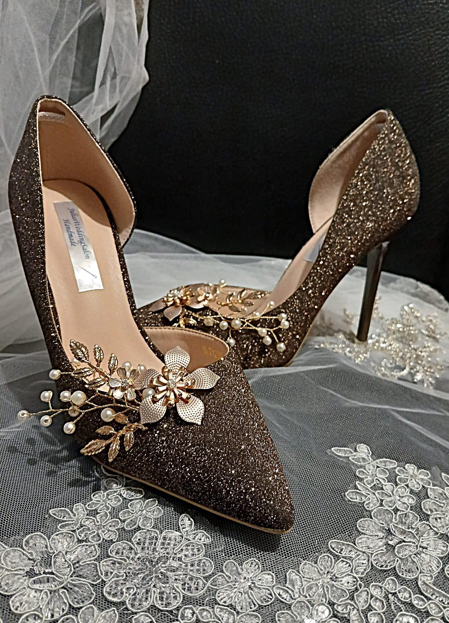 Dark Brown Bridal Heels: Rose Gold Glitter Champagne Pumps