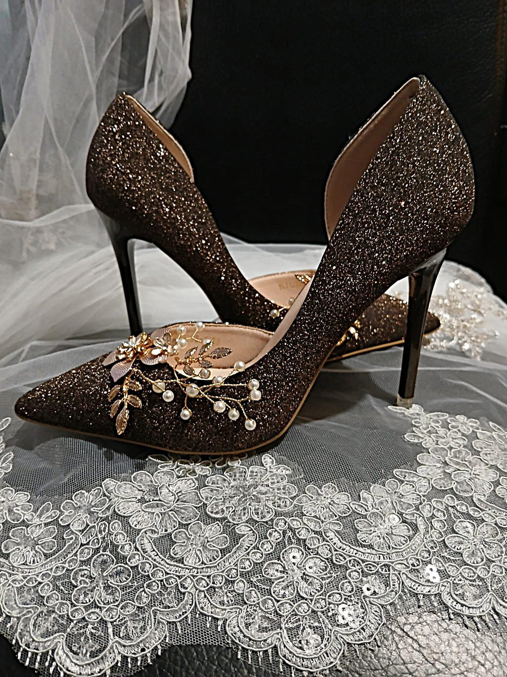 Dark Brown Bridal Heels: Rose Gold Glitter Champagne Pumps