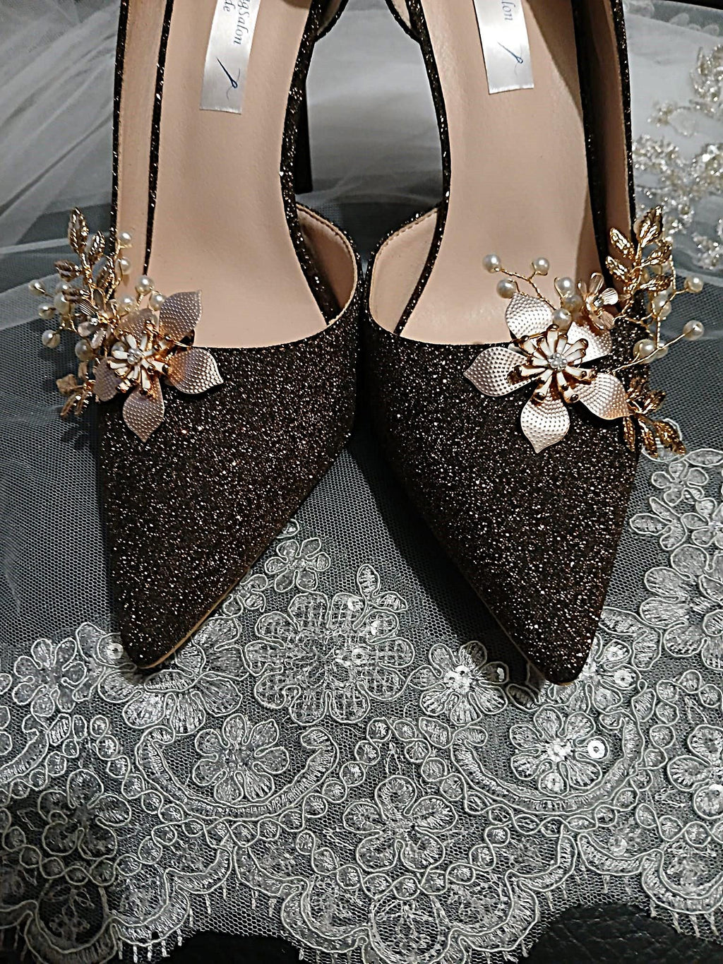 Dark Brown Bridal Heels: Rose Gold Glitter Champagne Pumps