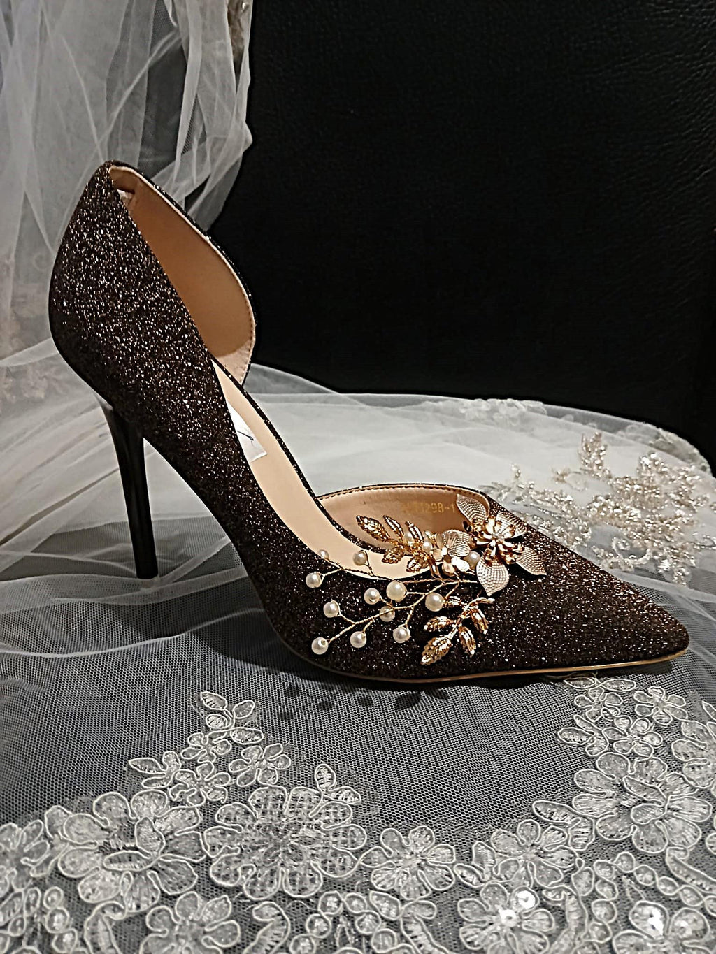 Dark Brown Bridal Heels: Rose Gold Glitter Champagne Pumps