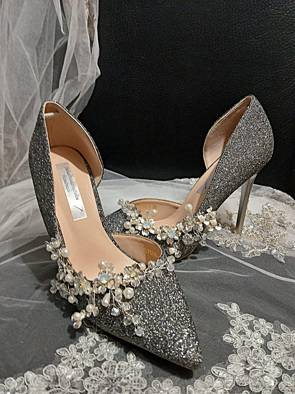 Silver Glitter Bridal Shoes & Satin Clutch Bag: Formal Event Pumps