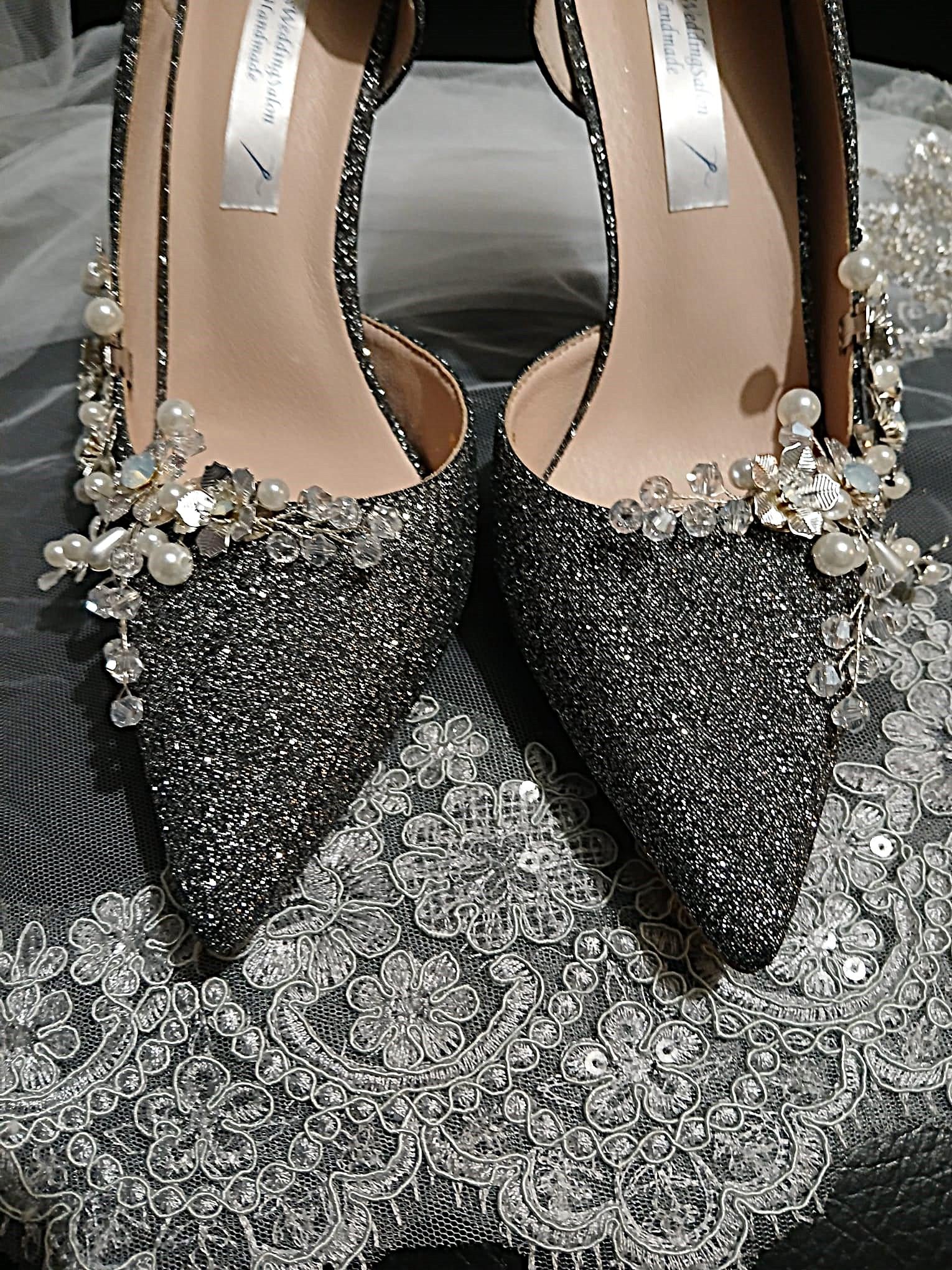 Silver Glitter Bridal Shoes & Satin Clutch Bag: Formal Event Pumps