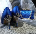 Royal Blue Satin Wedding Heels with Matching Clutch: Gothic Bridal Shoes