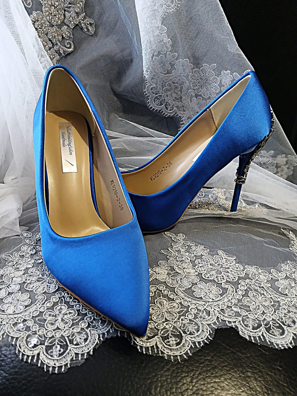 Royal Blue Satin Wedding Heels with Matching Clutch: Gothic Bridal Shoes