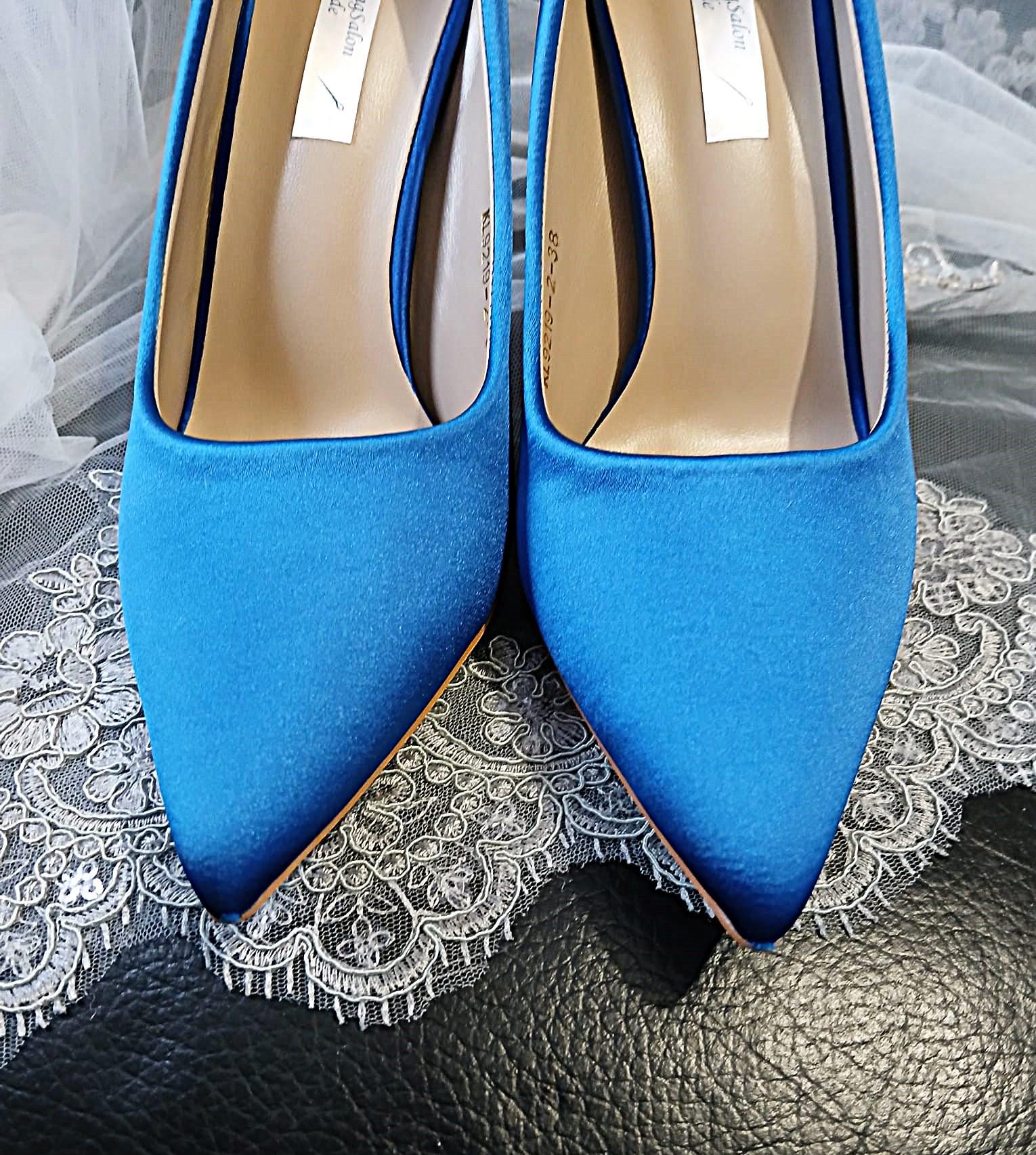 Royal Blue Satin Wedding Heels with Matching Clutch: Gothic Bridal Shoes