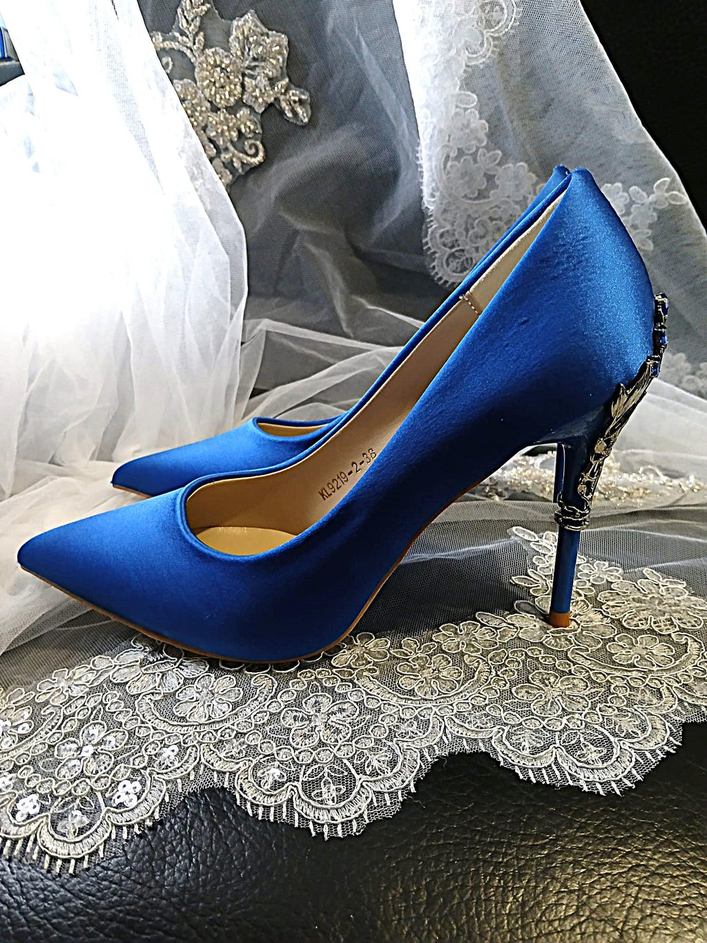 Royal Blue Satin Wedding Heels with Matching Clutch: Gothic Bridal Shoes