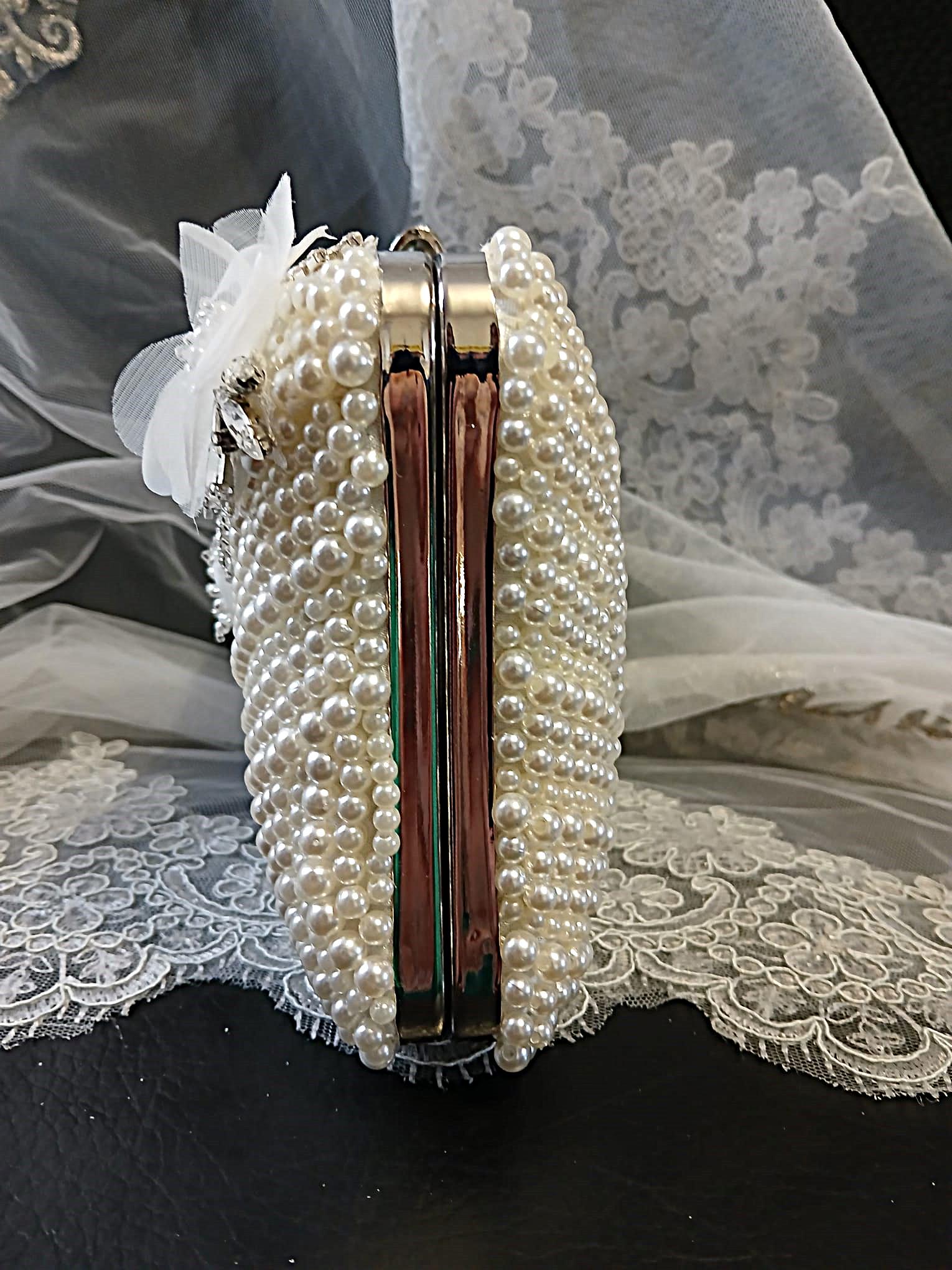 Ivory Pearl Evening Clutch Bag: Beaded Floral Bridal Handbag