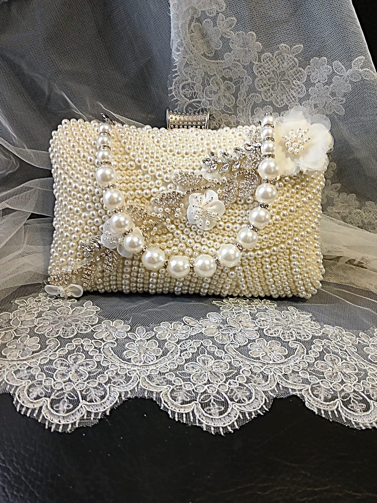 Ivory Pearl Evening Clutch Bag: Beaded Floral Bridal Handbag