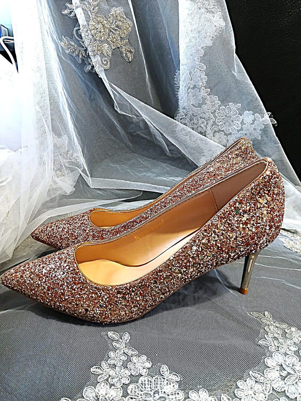 Rose Gold Glitter Shoes and Clutch Bag Set: Low Heel Bridal Footwear