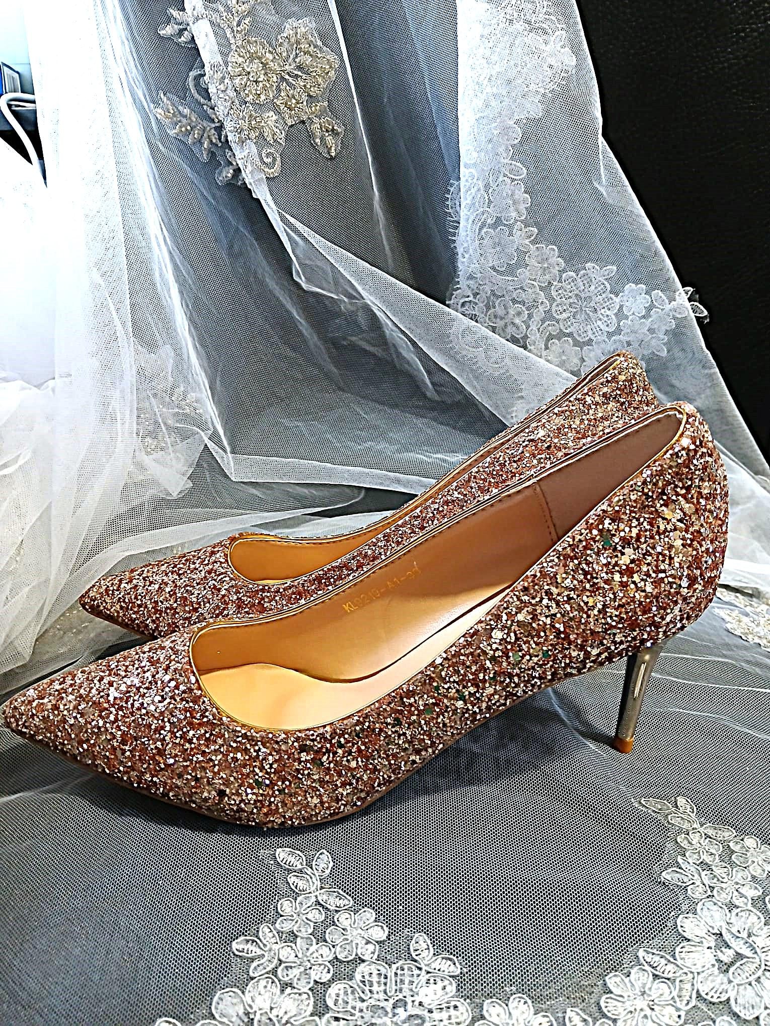 Rose Gold Glitter Shoes and Clutch Bag Set: Low Heel Bridal Footwear