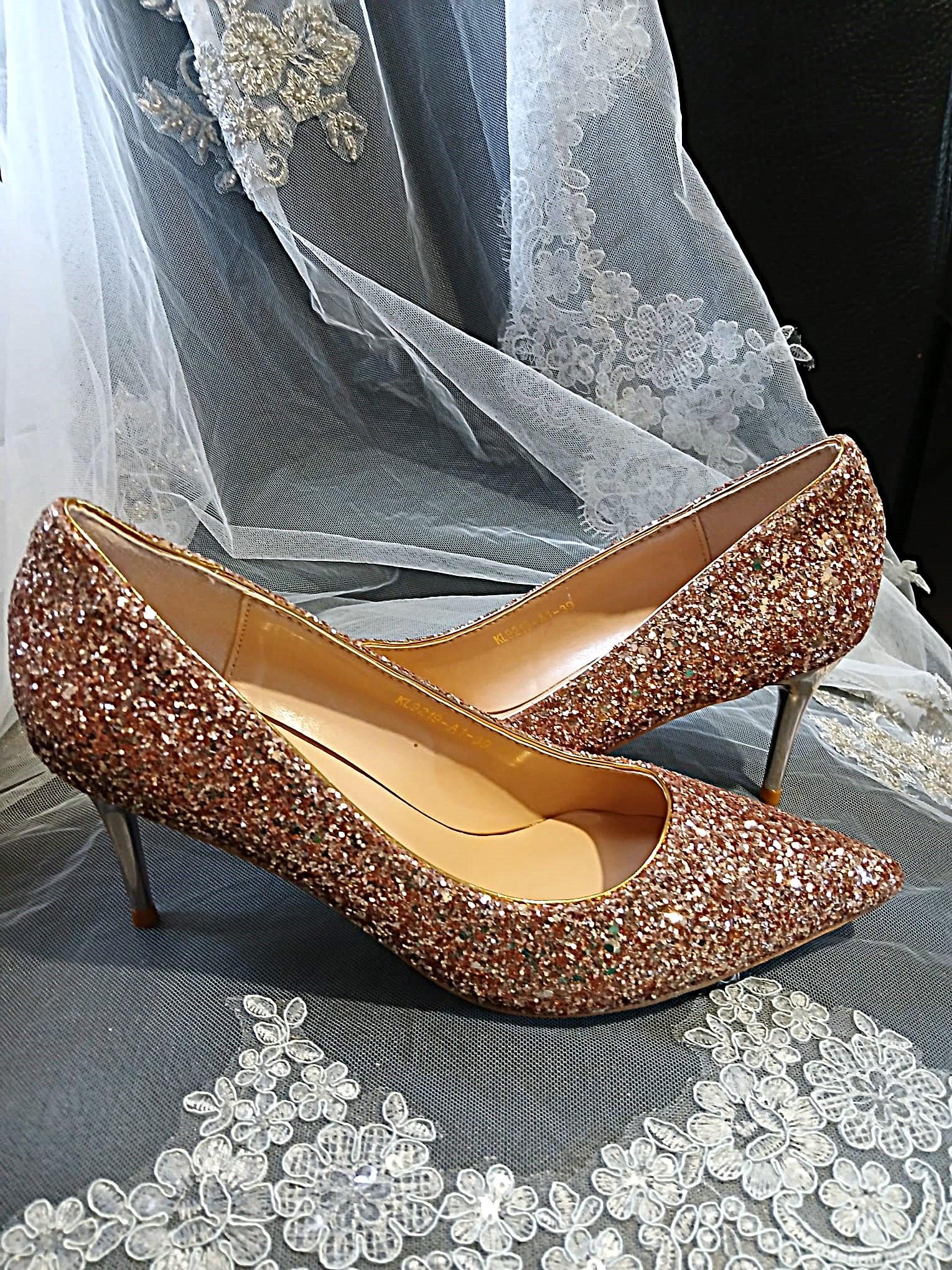 Rose Gold Glitter Shoes and Clutch Bag Set: Low Heel Bridal Footwear