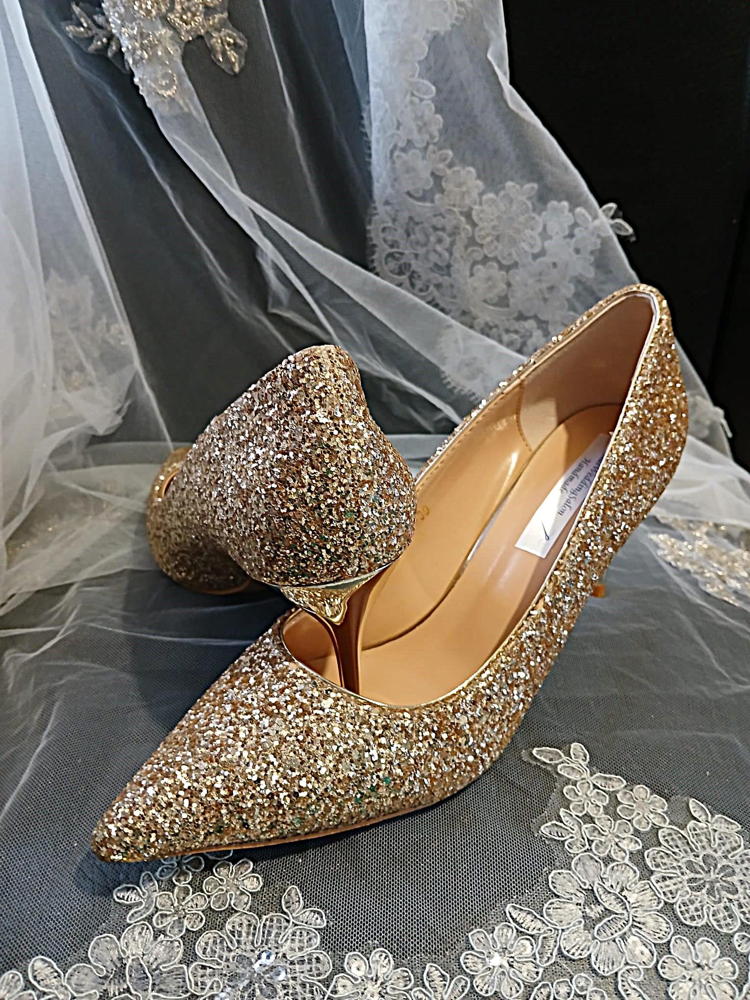 Gold Glitter Low Heel Shoes and Clutch Bag Set: Bridal, Bridesmaid Footwear