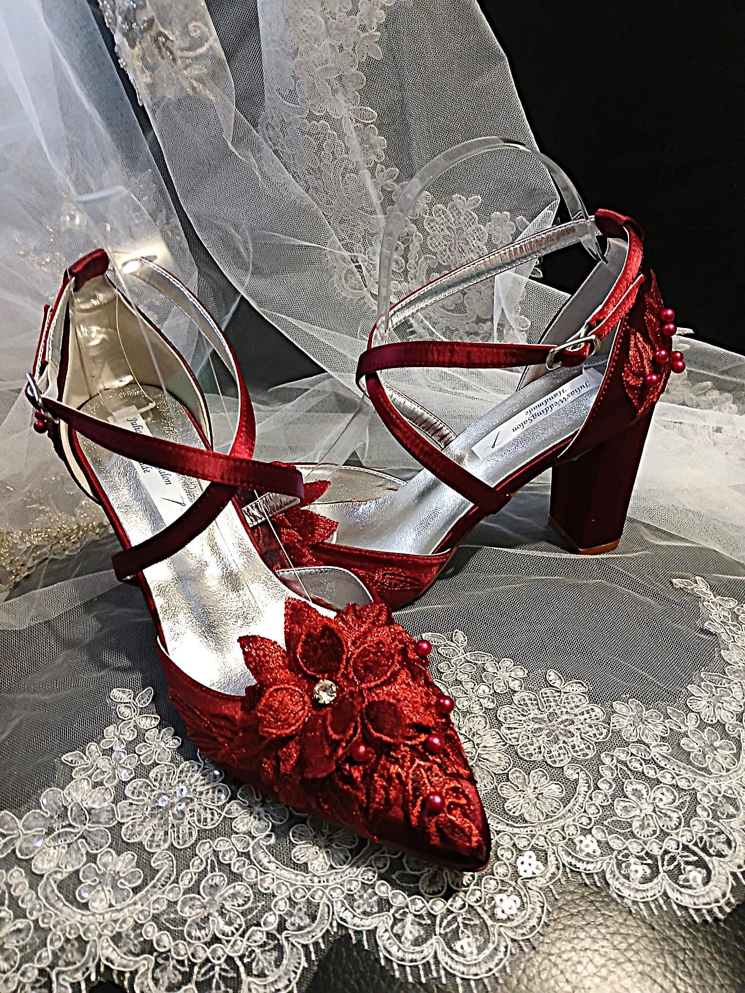 Wine Red Satin Shoes with Floral Clutch Bag: Burgundy Block Heel Sandals