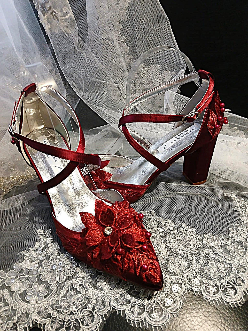 Burgundy Satin Shoe, Clutch & Hat Set: Wine Red Floral Block Heel