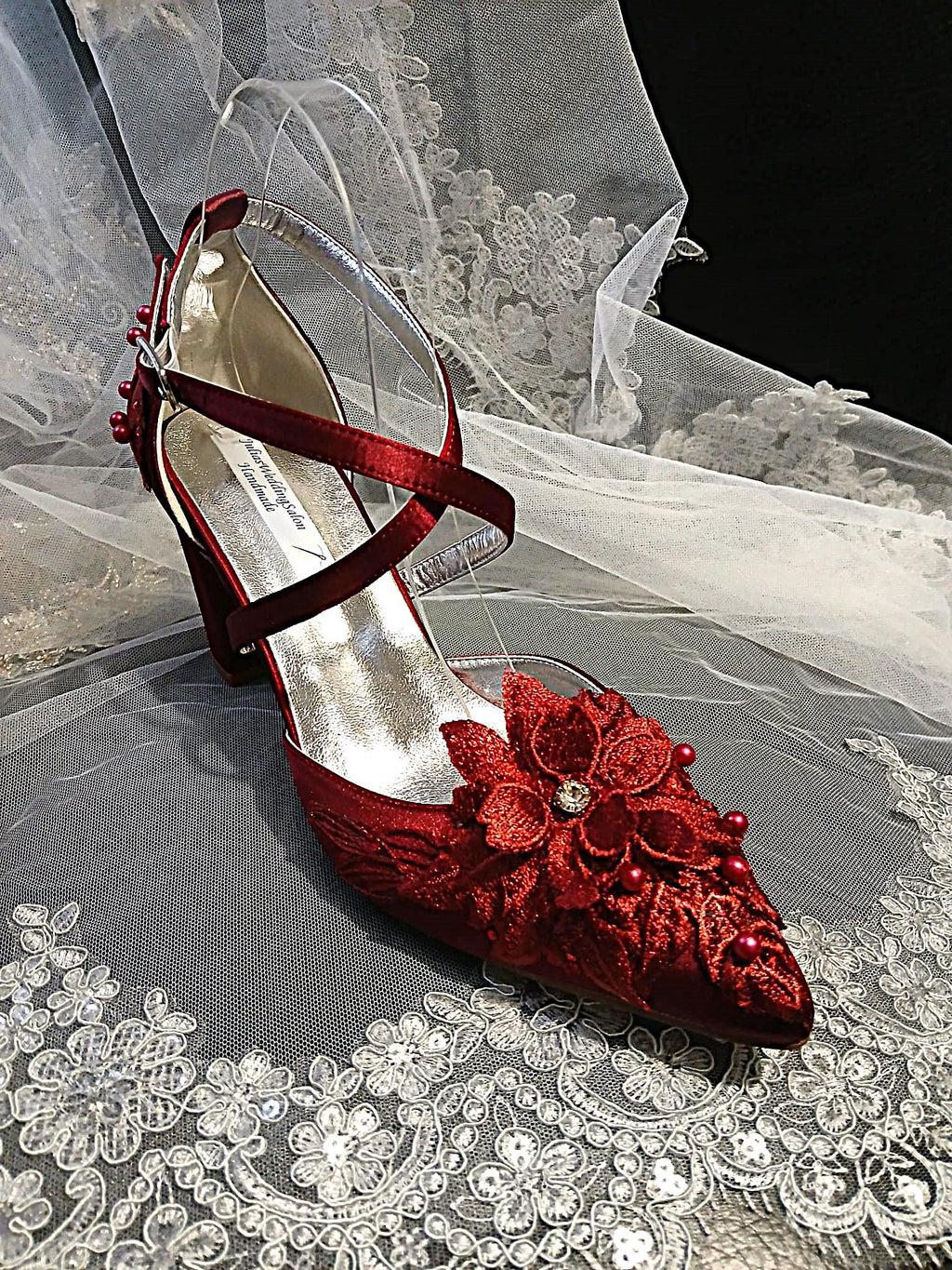 Burgundy Satin Shoe, Clutch & Hat Set: Wine Red Floral Block Heel
