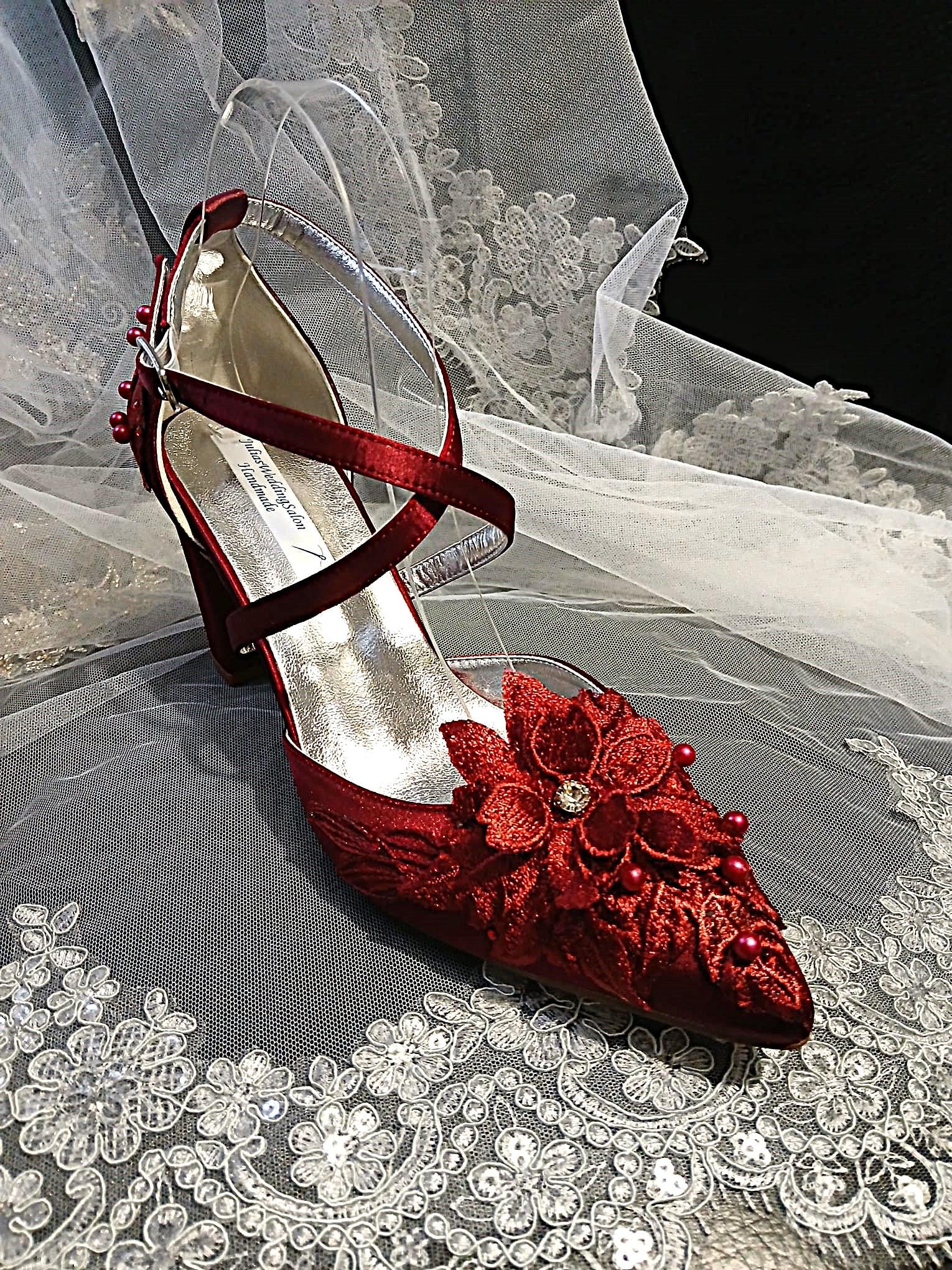 Burgundy Satin Shoe, Clutch & Hat Set: Wine Red Floral Block Heel